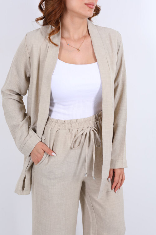 İkili Keten Taş Rengi Kadın Blazer Takım - Berox (1)