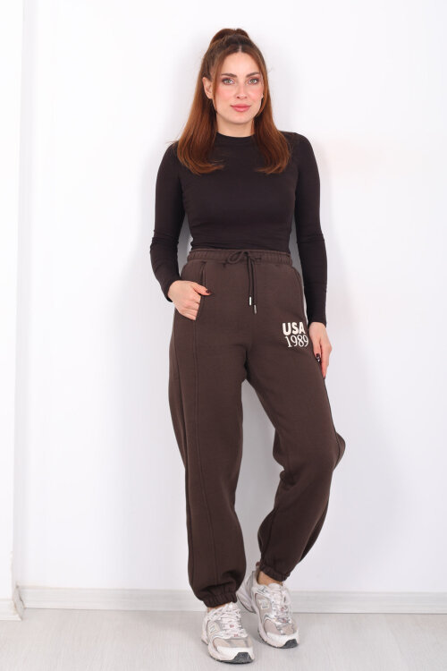 USA Yazılı Paça Lastikli Acı Kahve Kadın Üç İplik Eşofman Altı - 5