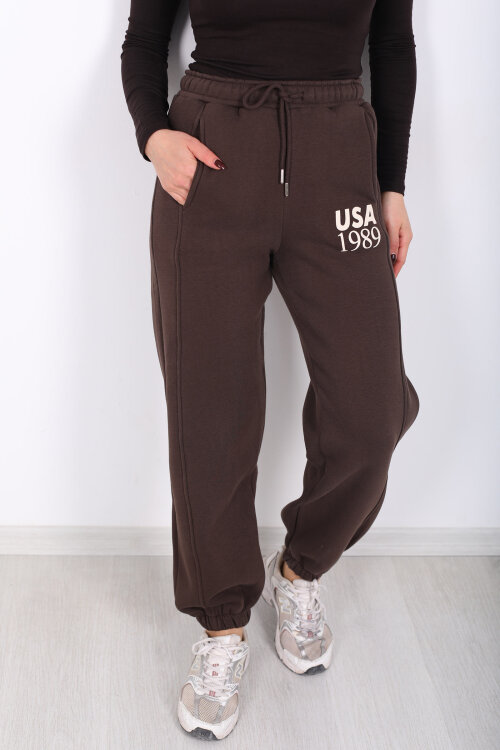 USA Yazılı Paça Lastikli Acı Kahve Kadın Üç İplik Eşofman Altı - Berox (1)