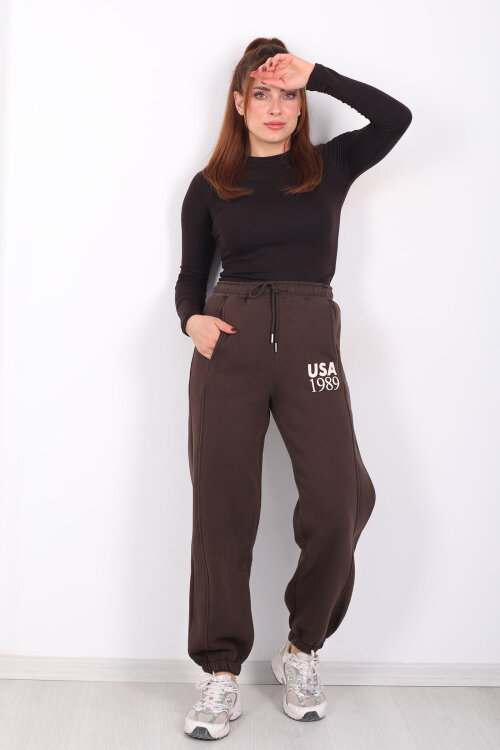 USA Yazılı Paça Lastikli Acı Kahve Kadın Üç İplik Eşofman Altı - 3