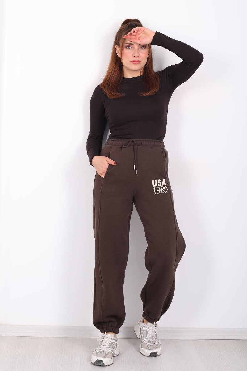 USA Yazılı Paça Lastikli Acı Kahve Kadın Üç İplik Eşofman Altı - 3