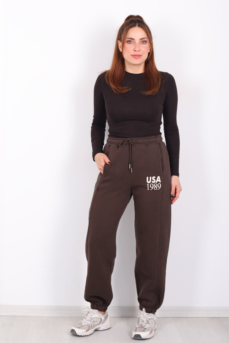 USA Yazılı Paça Lastikli Acı Kahve Kadın Üç İplik Eşofman Altı - 1