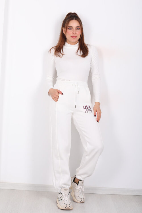 USA Yazılı Paça Lastikli Ekru Kadın Üç İplik Eşofman Altı 