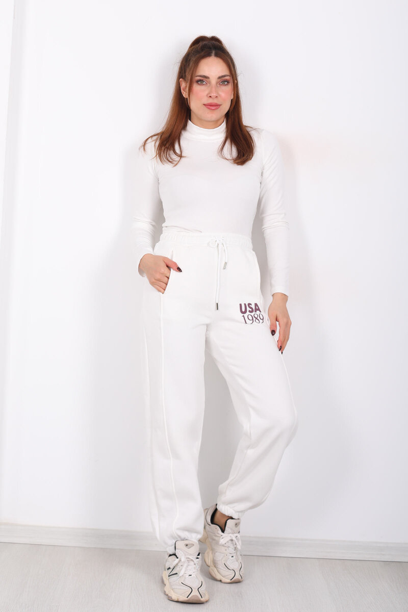 USA Yazılı Paça Lastikli Ekru Kadın Üç İplik Eşofman Altı - 1