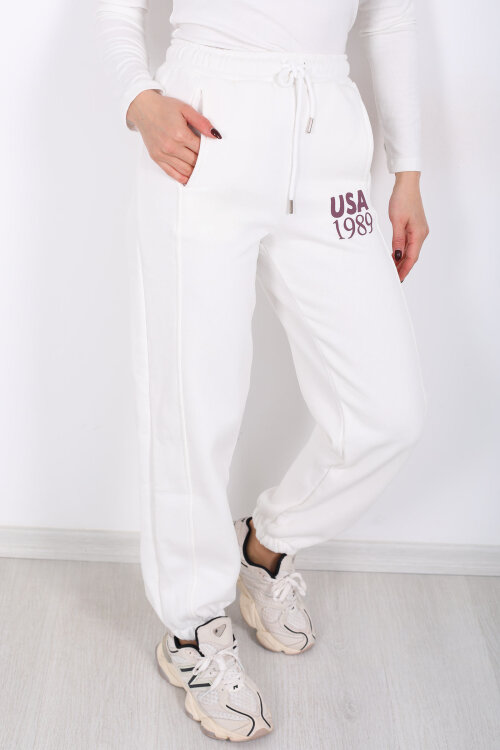 USA Yazılı Paça Lastikli Ekru Kadın Üç İplik Eşofman Altı - 2