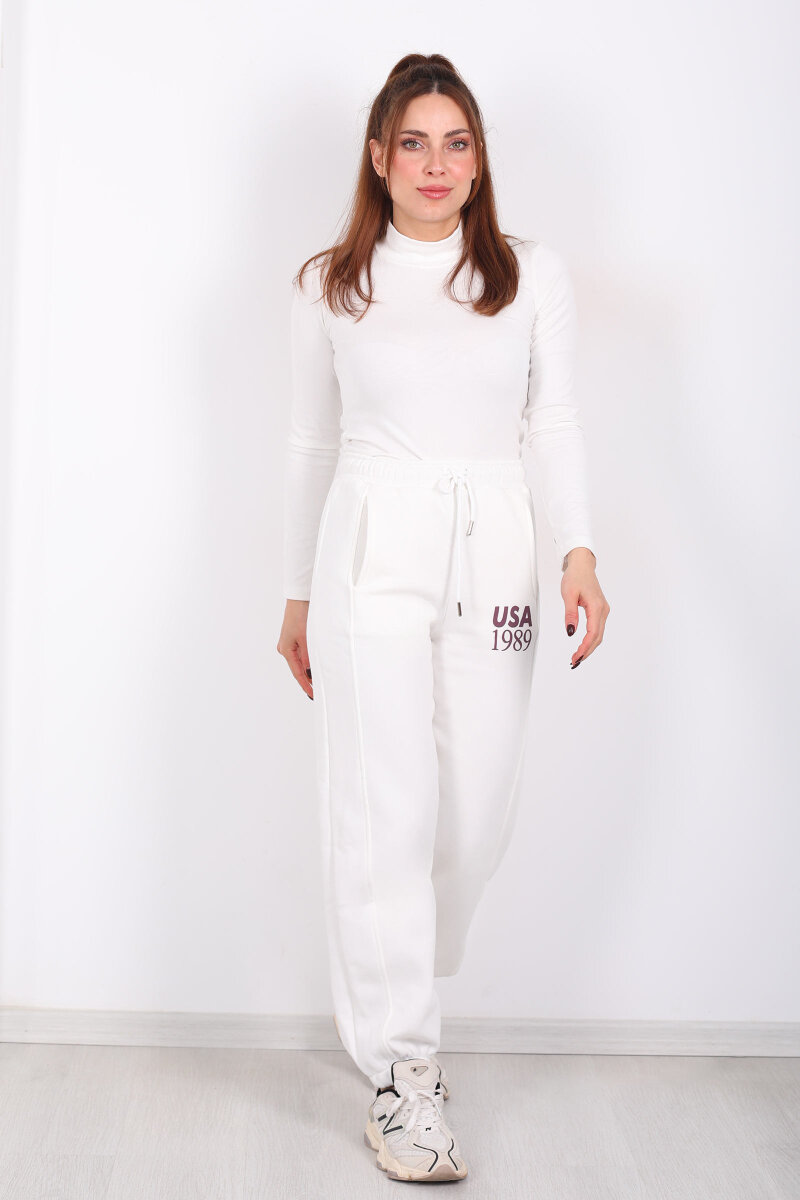 USA Yazılı Paça Lastikli Ekru Kadın Üç İplik Eşofman Altı - 3