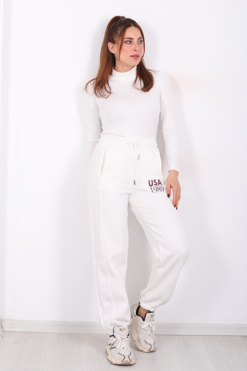 USA Yazılı Paça Lastikli Ekru Kadın Üç İplik Eşofman Altı - 5