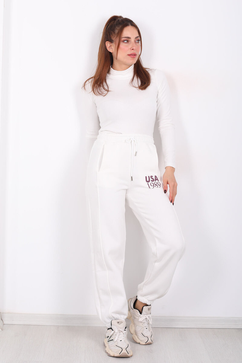 USA Yazılı Paça Lastikli Ekru Kadın Üç İplik Eşofman Altı - 5