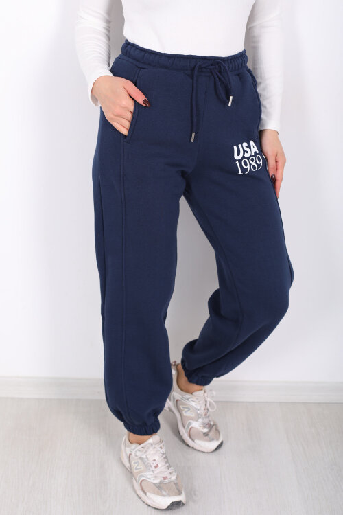 USA Yazılı Paça Lastikli Lacivert Kadın Üç İplik Eşofman Altı - 2