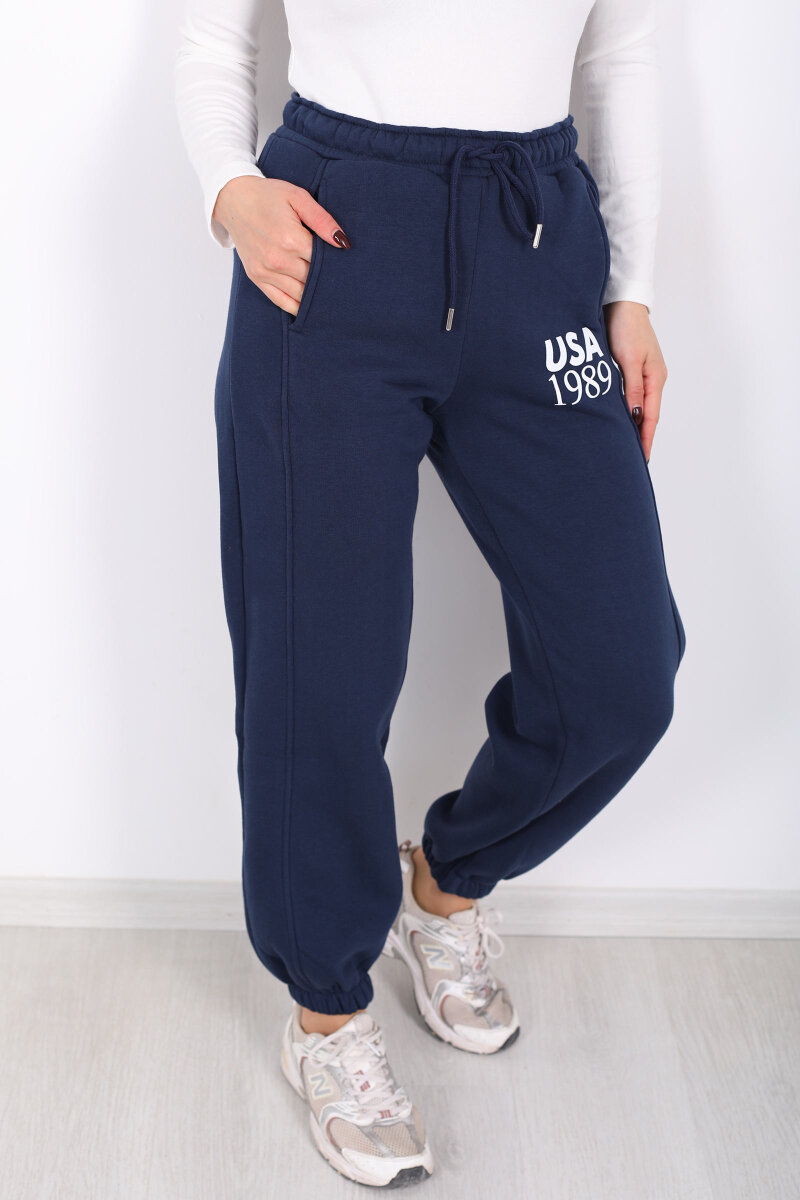 USA Yazılı Paça Lastikli Lacivert Kadın Üç İplik Eşofman Altı - 2