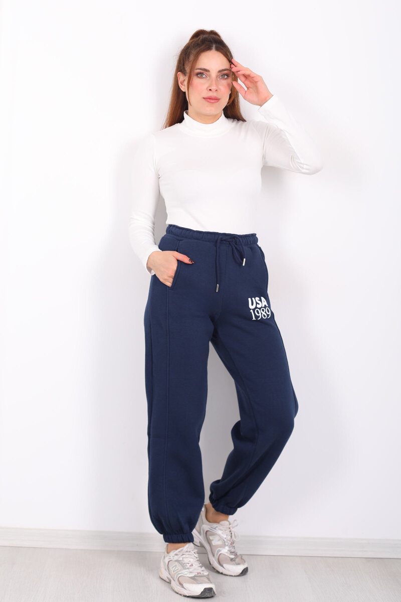 USA Yazılı Paça Lastikli Lacivert Kadın Üç İplik Eşofman Altı - 1