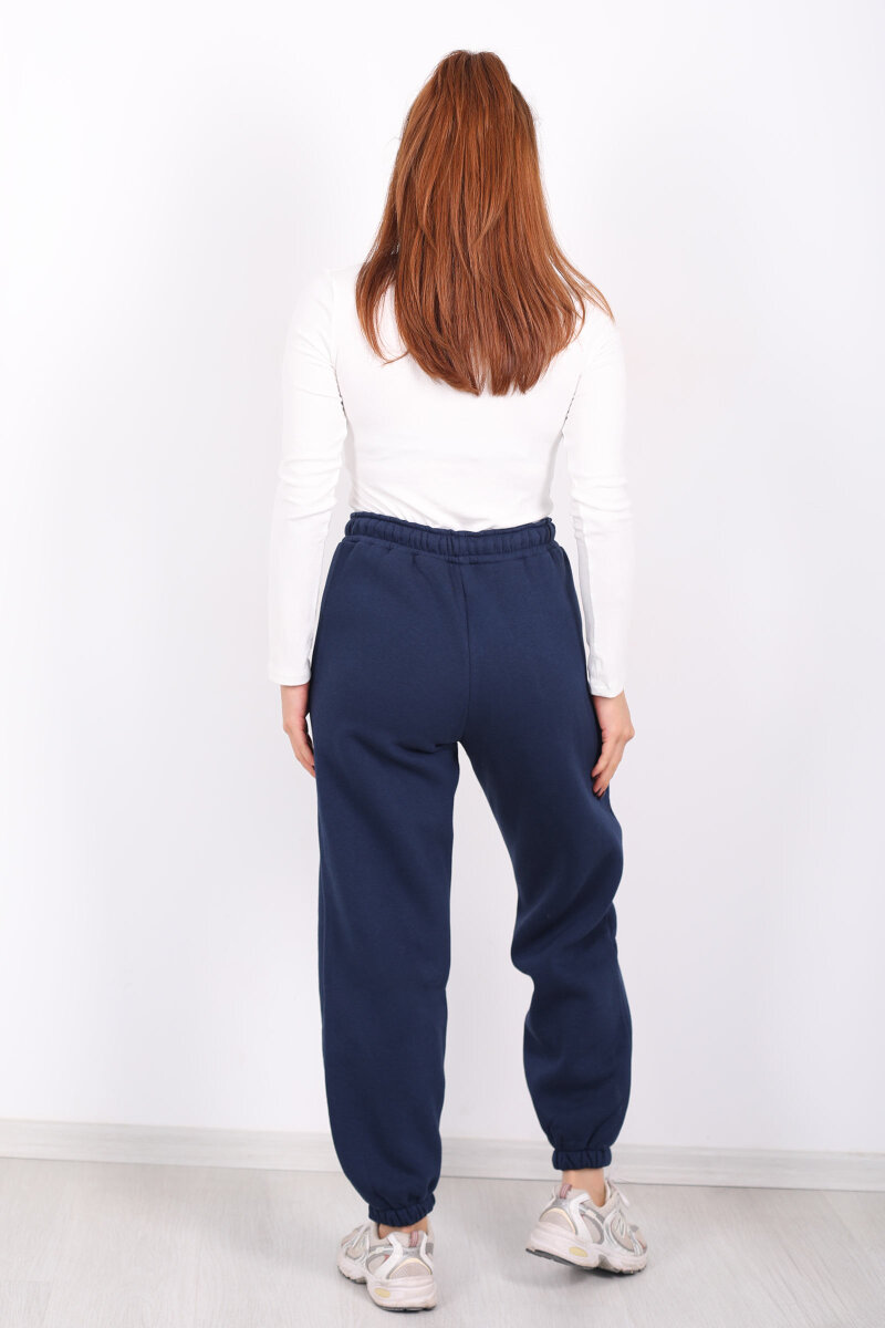 USA Yazılı Paça Lastikli Lacivert Kadın Üç İplik Eşofman Altı - 4