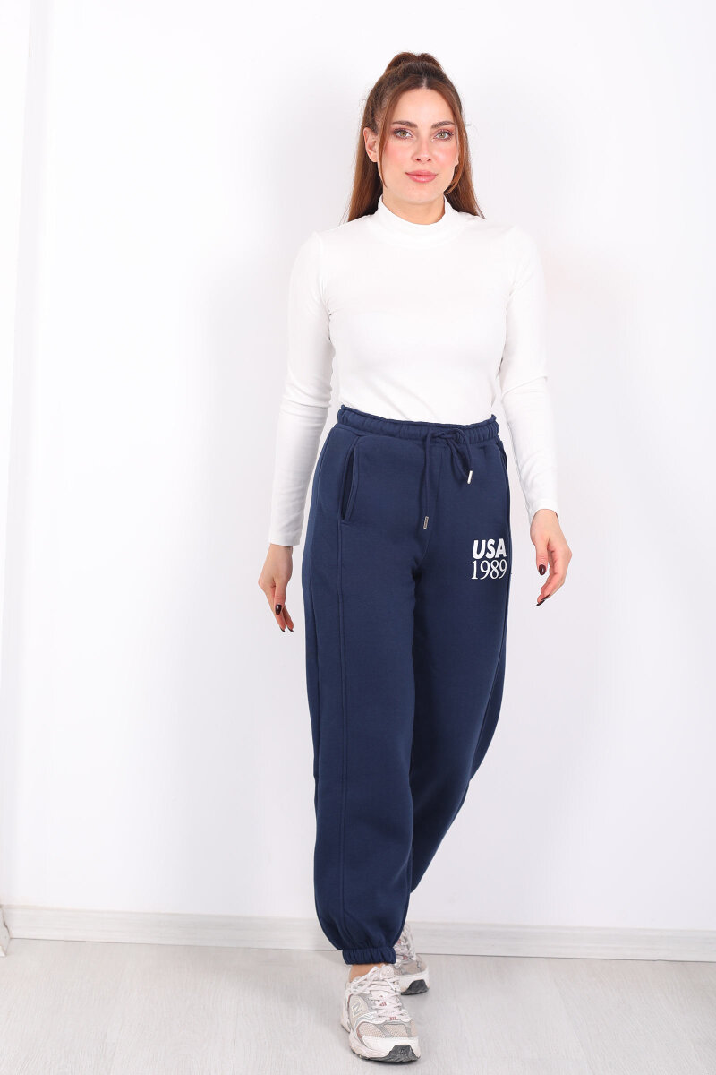 USA Yazılı Paça Lastikli Lacivert Kadın Üç İplik Eşofman Altı - 3