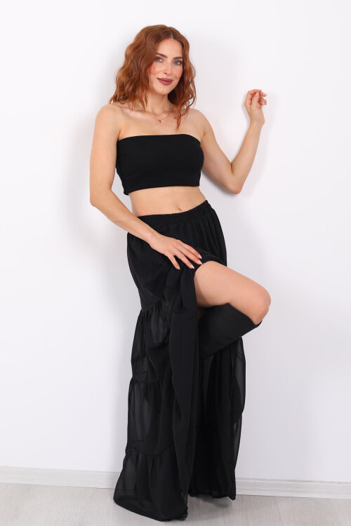 Uzun Büzgülü Siyah Kadın Astarlı Şifon Etek - 3