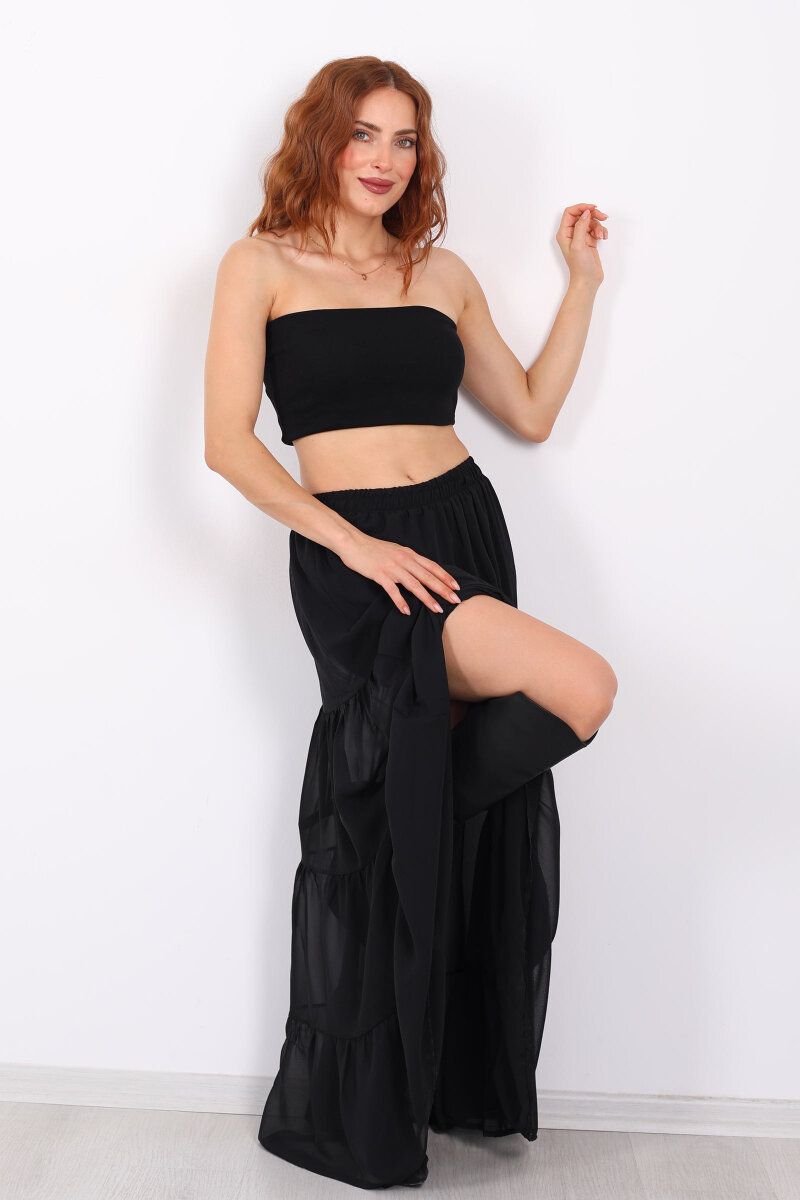 Uzun Büzgülü Siyah Kadın Astarlı Şifon Etek - 3