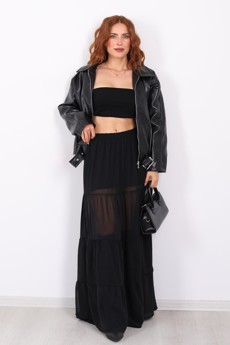 Uzun Büzgülü Siyah Kadın Astarlı Şifon Etek - 4