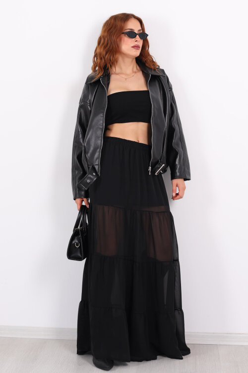 Uzun Büzgülü Siyah Kadın Astarlı Şifon Etek - 8