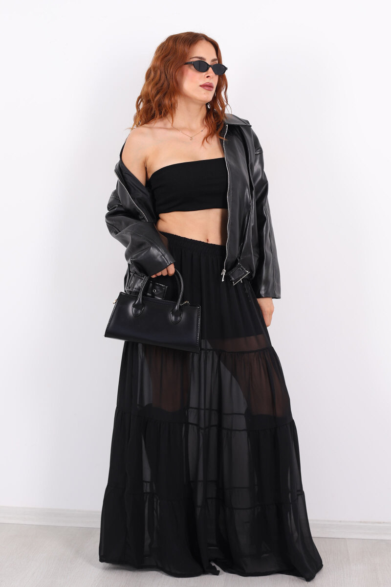 Uzun Büzgülü Siyah Kadın Astarlı Şifon Etek - 6