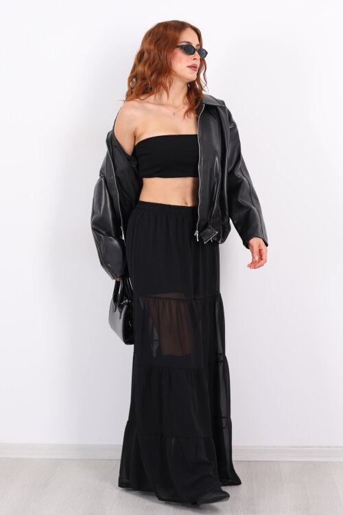 Uzun Büzgülü Siyah Kadın Astarlı Şifon Etek - Berox