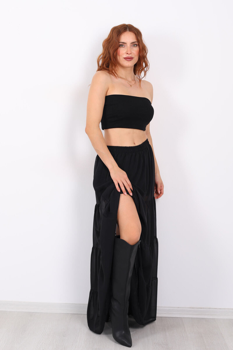 Uzun Büzgülü Siyah Kadın Astarlı Şifon Etek - 5