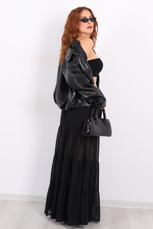 Uzun Büzgülü Siyah Kadın Astarlı Şifon Etek - 7