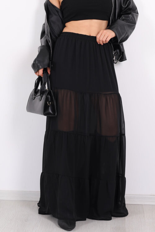 Uzun Büzgülü Siyah Kadın Astarlı Şifon Etek - Berox (1)