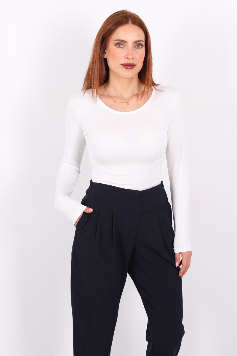 Uzun Kol Bisiklet Yaka Beyaz Çıtçıtlı Kadın Body - 3