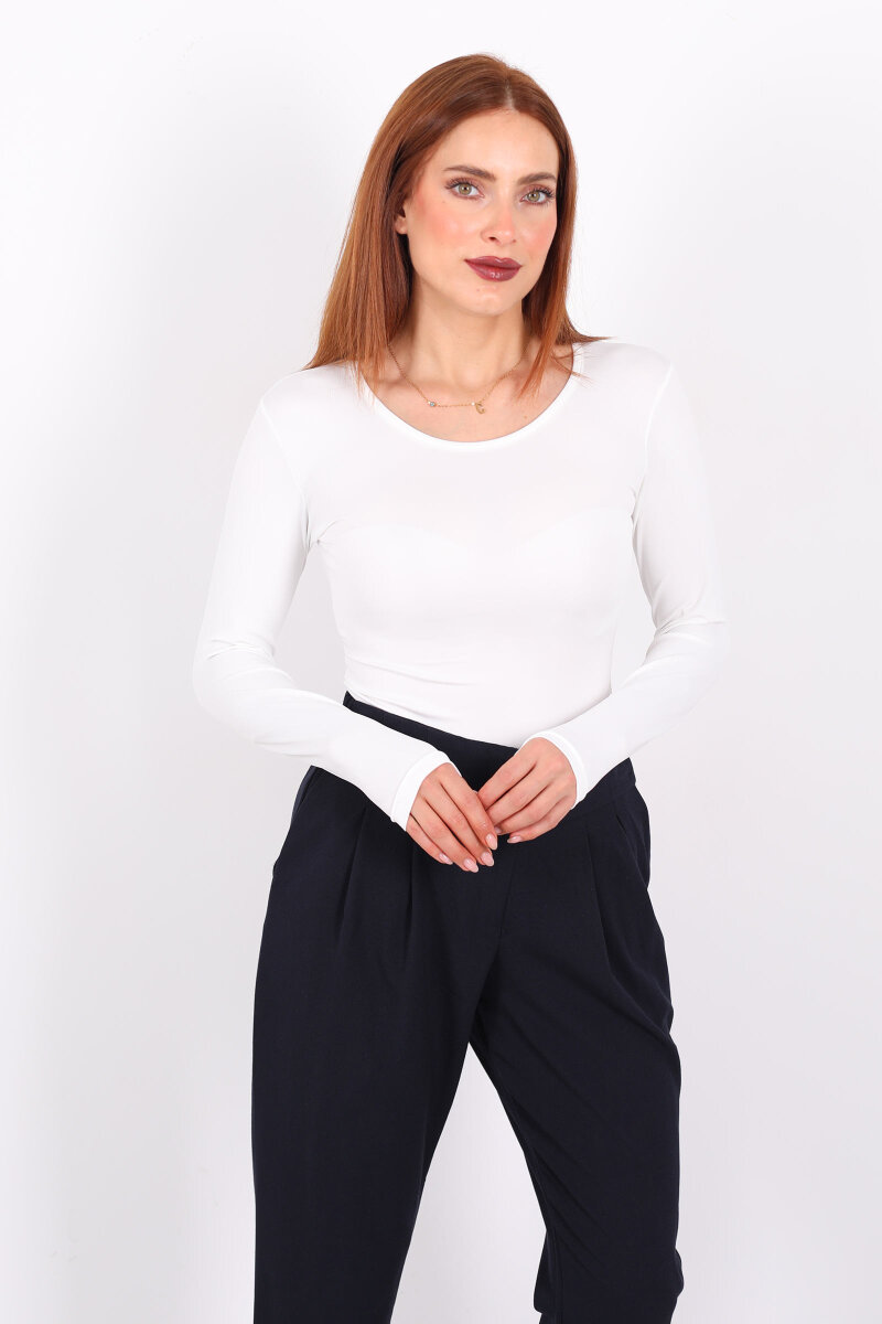 Uzun Kol Bisiklet Yaka Beyaz Çıtçıtlı Kadın Body - 1