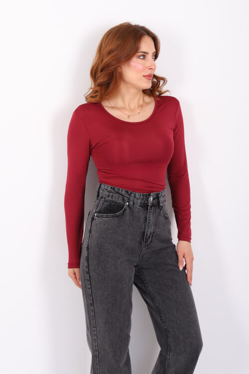 Uzun Kol Bisiklet Yaka Bordo Çıtçıtlı Kadın Body - 4
