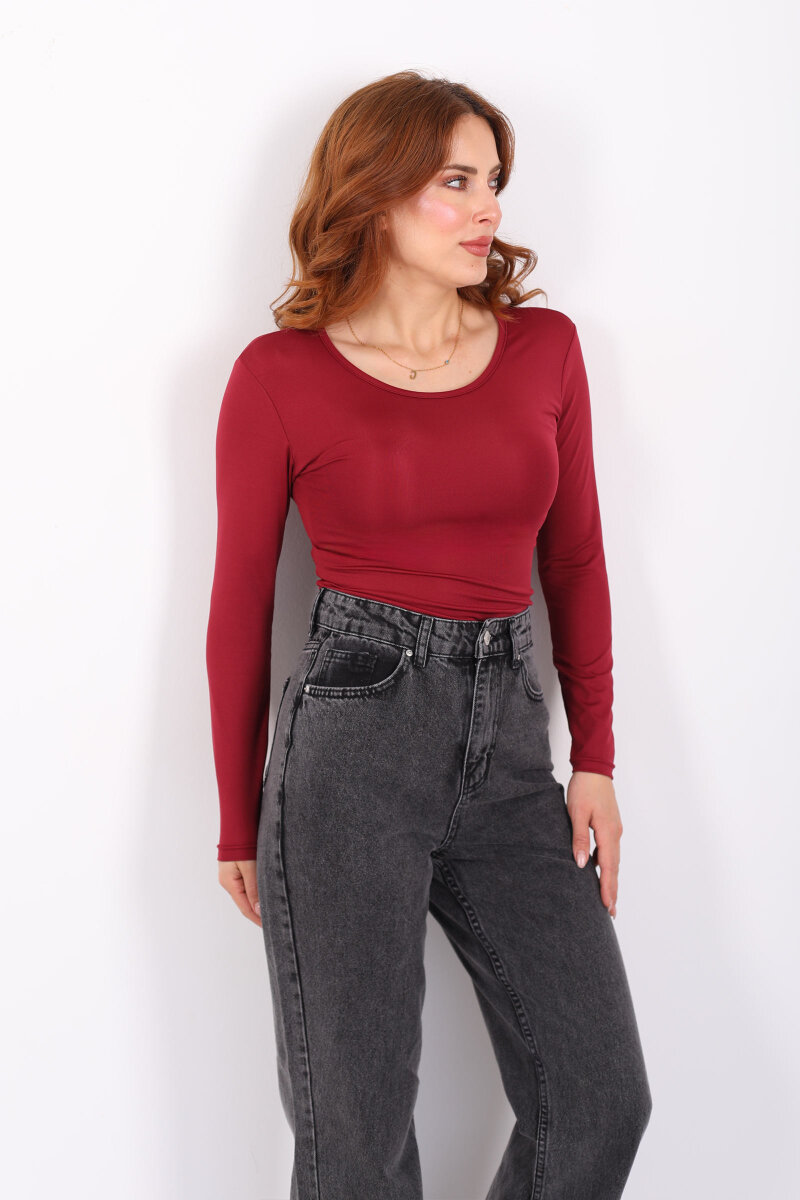 Uzun Kol Bisiklet Yaka Bordo Çıtçıtlı Kadın Body - 4