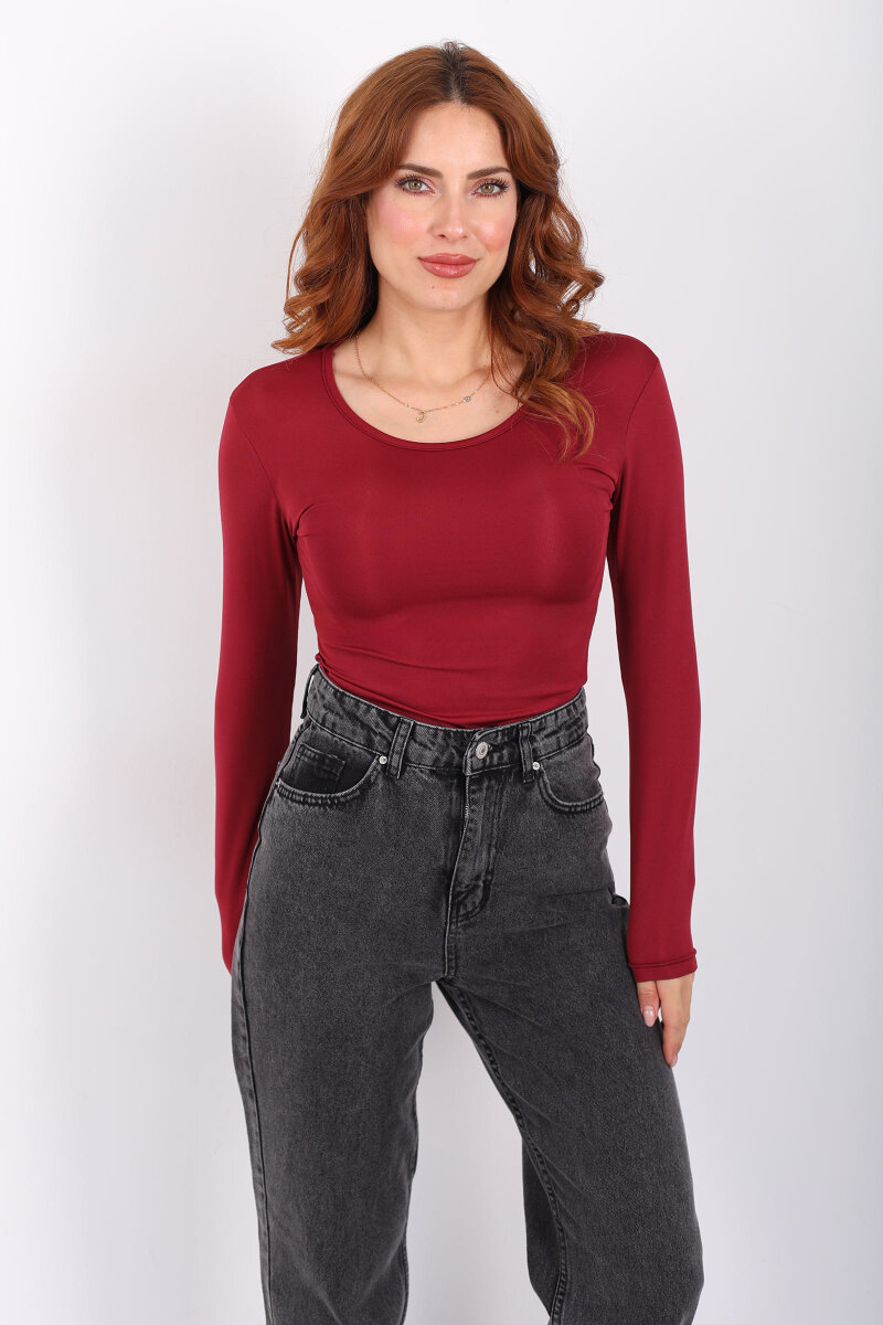 Uzun Kol Bisiklet Yaka Bordo Çıtçıtlı Kadın Body - 6
