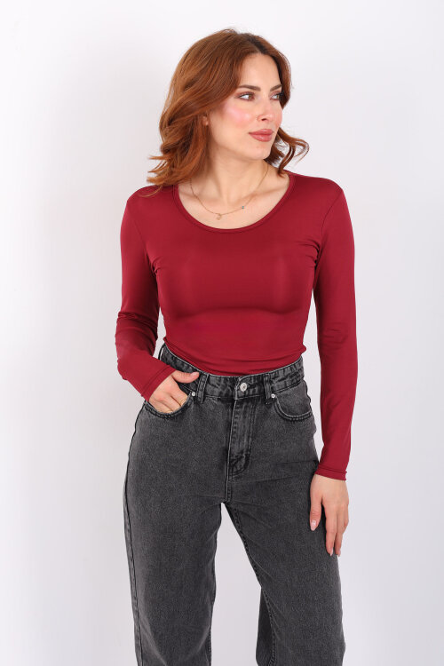 Uzun Kol Bisiklet Yaka Bordo Çıtçıtlı Kadın Body - Berox