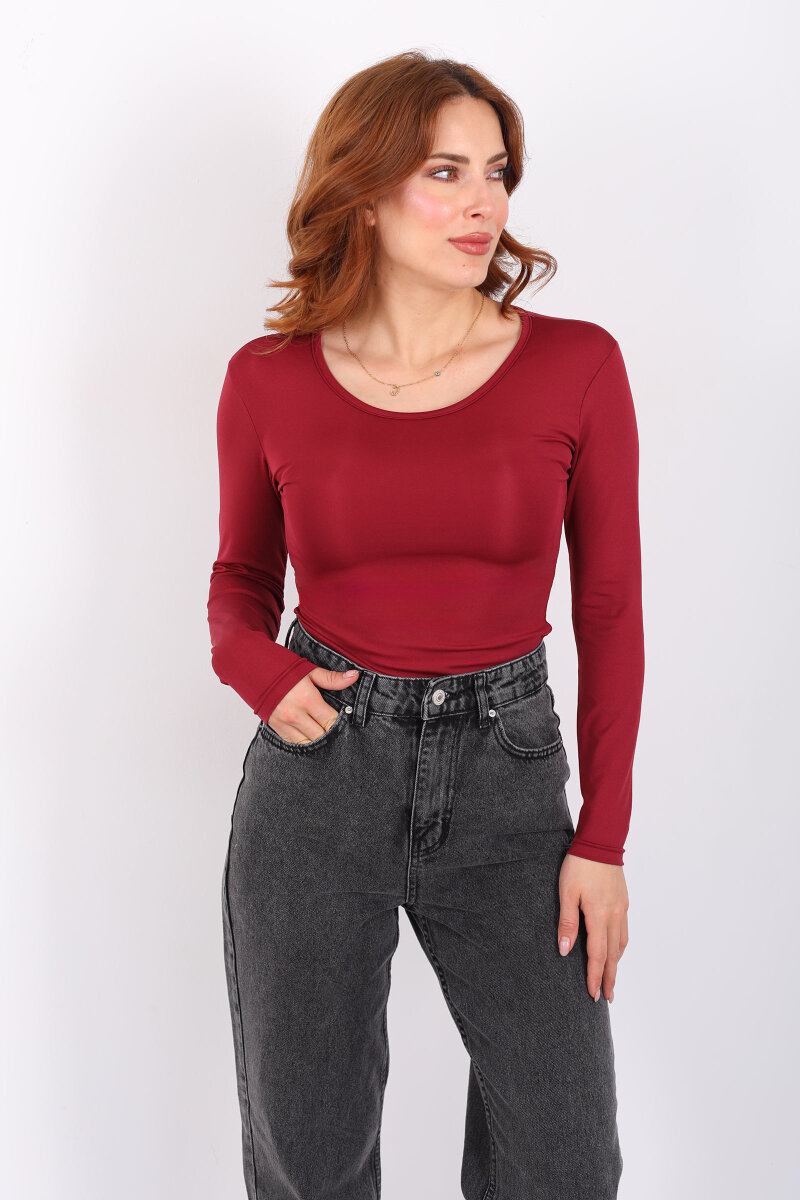Uzun Kol Bisiklet Yaka Bordo Çıtçıtlı Kadın Body - 1