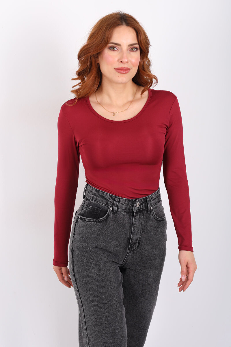 Uzun Kol Bisiklet Yaka Bordo Çıtçıtlı Kadın Body - 3