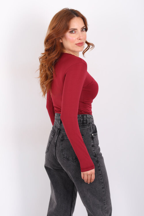 Uzun Kol Bisiklet Yaka Bordo Çıtçıtlı Kadın Body - 5