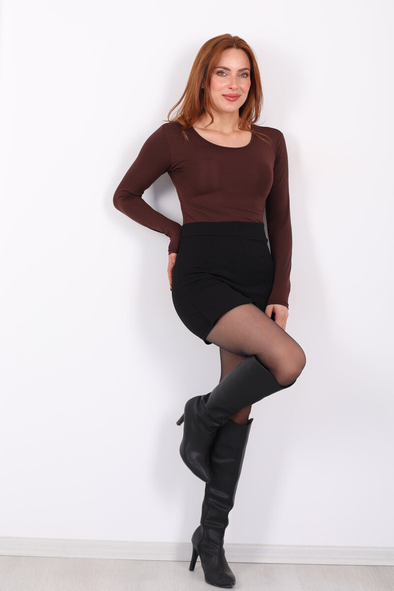 Uzun Kol Bisiklet Yaka Kahverengi Çıtçıtlı Kadın Body - 3