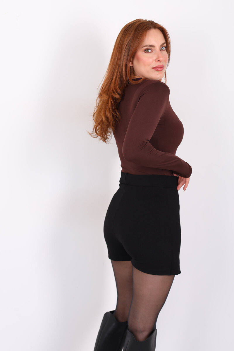 Uzun Kol Bisiklet Yaka Kahverengi Çıtçıtlı Kadın Body - 4