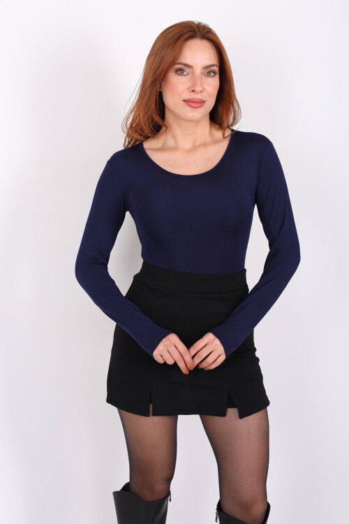 Uzun Kol Bisiklet Yaka Lacivert Çıtçıtlı Kadın Body - 4