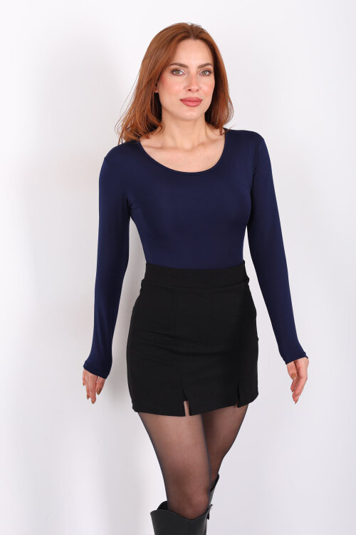 Uzun Kol Bisiklet Yaka Lacivert Çıtçıtlı Kadın Body - 6