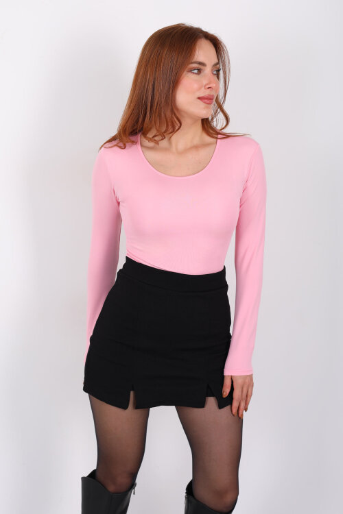 Uzun Kol Bisiklet Yaka Pembe Çıtçıtlı Kadın Body - 6