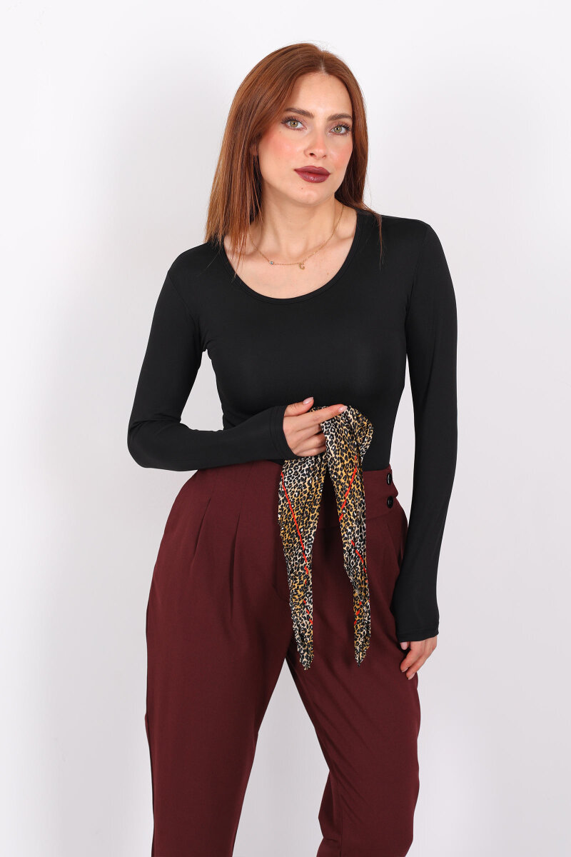 Uzun Kol Bisiklet Yaka Siyah Çıtçıtlı Kadın Body - 6