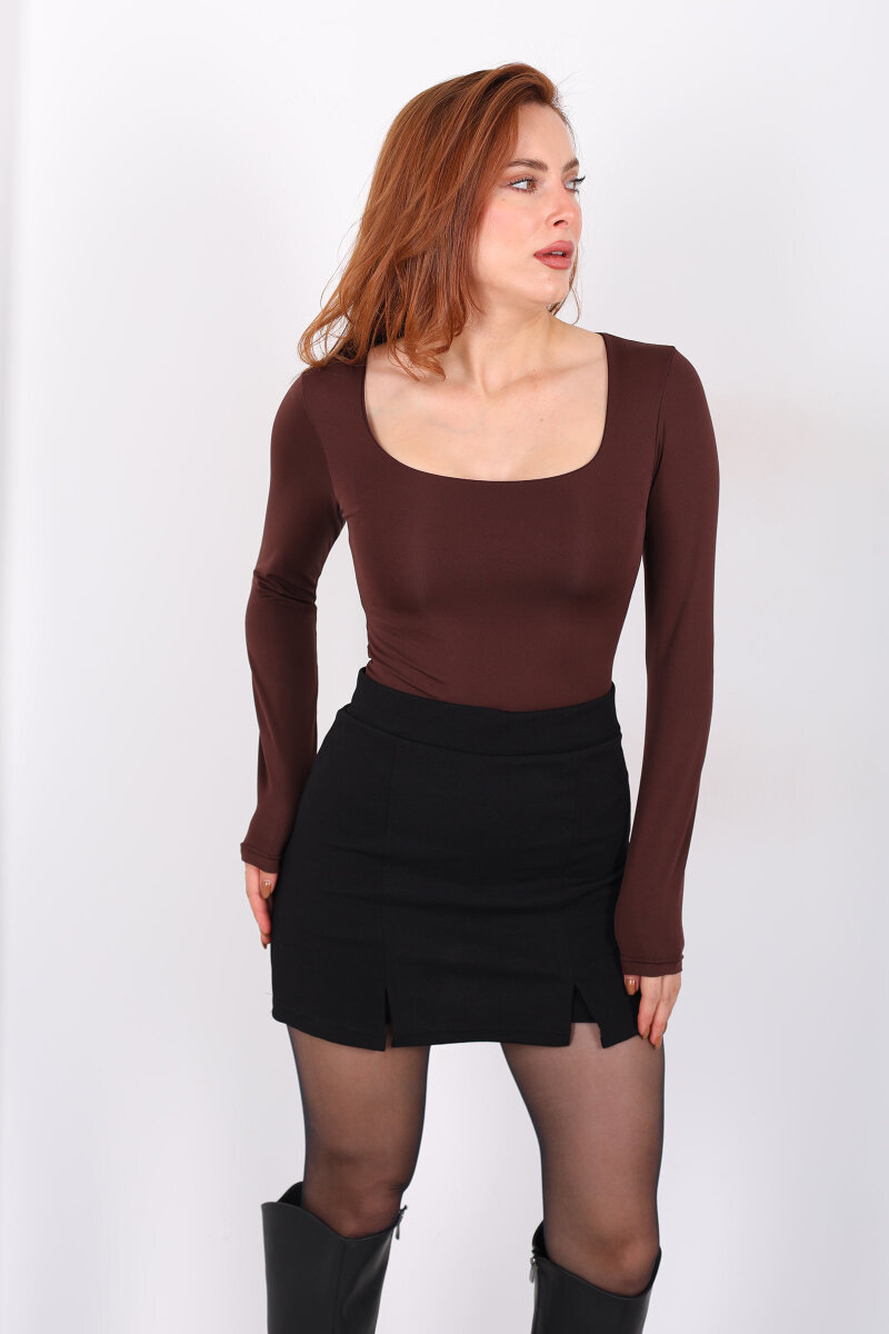 Uzun Kol Kare Yaka Acı Kahve Çıtçıtlı Body - 5