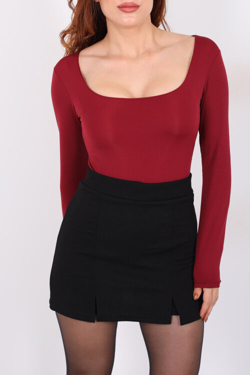 Uzun Kol Kare Yaka Bordo Çıtçıtlı Body - Berox (1)