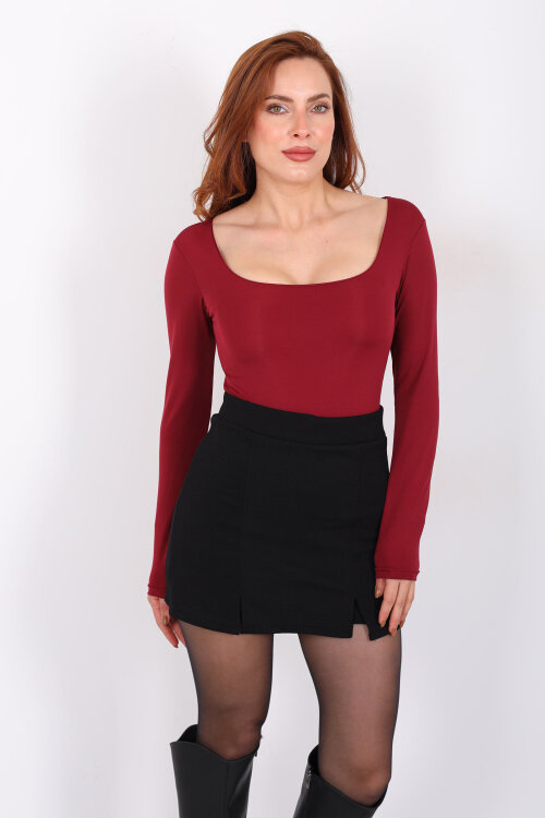 Uzun Kol Kare Yaka Bordo Çıtçıtlı Body - 3