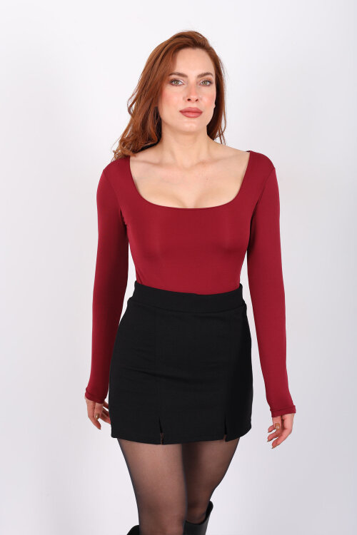 Uzun Kol Kare Yaka Bordo Çıtçıtlı Body - 5
