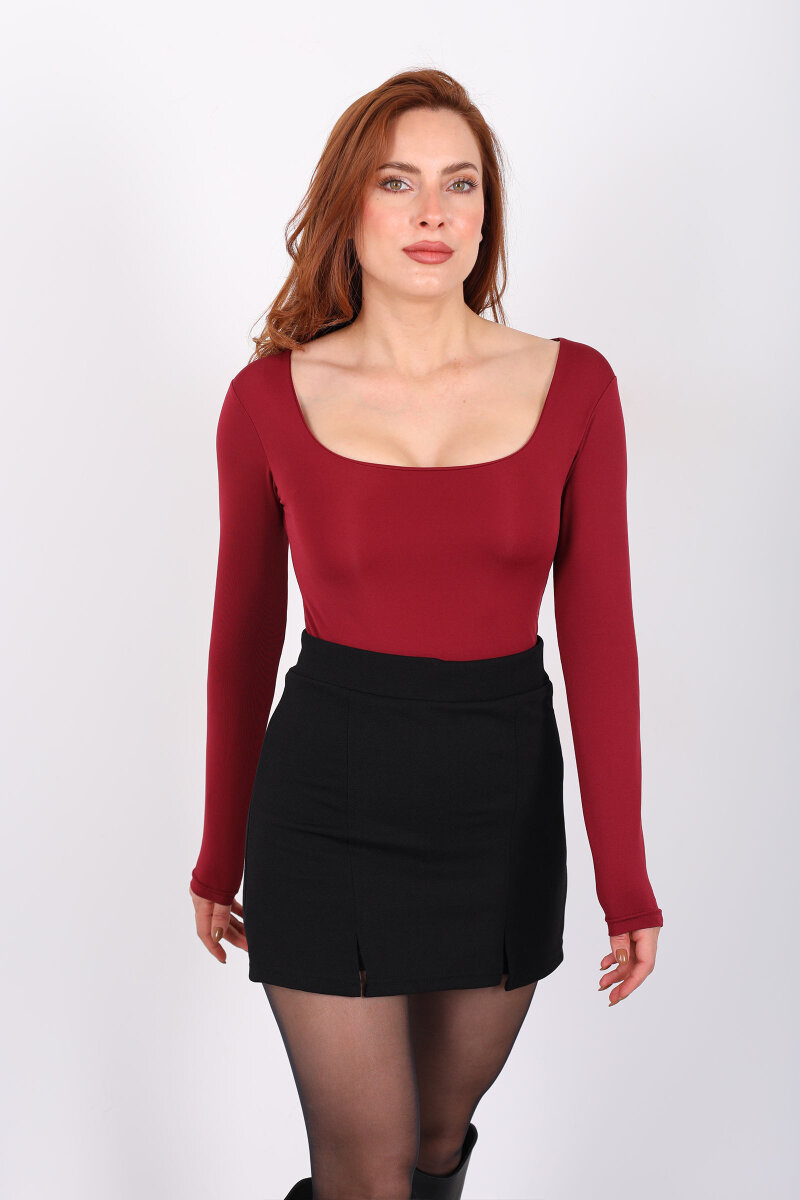 Uzun Kol Kare Yaka Bordo Çıtçıtlı Body - 5