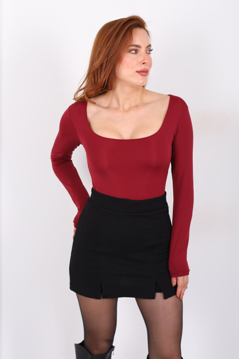 Uzun Kol Kare Yaka Bordo Çıtçıtlı Body - 1