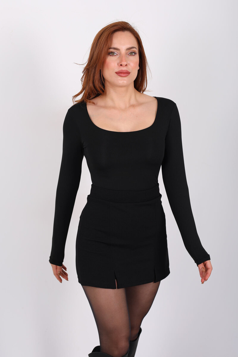 Uzun Kol Kare Yaka Siyah Çıtçıtlı Body - 5