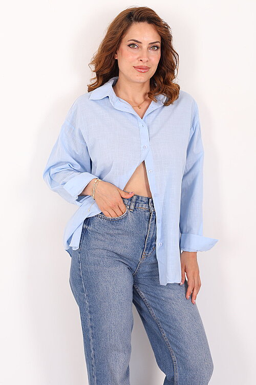 Uzun Kol Oversize Bebe Mavi Kadın Keten Gömlek - 4