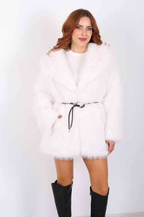 Uzun Kürklü Beyaz Kadın Kemerli Lolita Mont - Berox